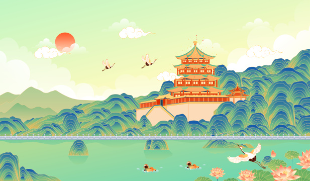 北京颐和园风景矢量插画