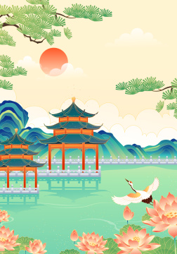 江南古镇国潮风山水风景矢量插画