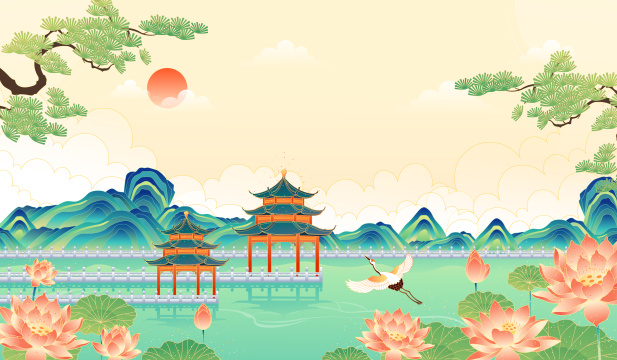 江南古镇国潮风山水风景矢量插画