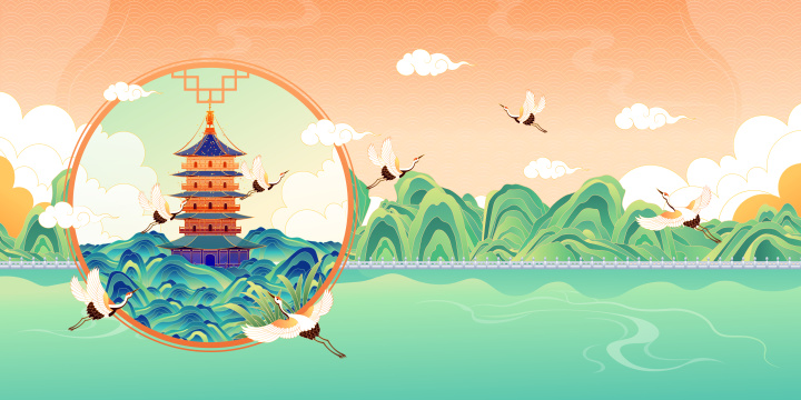 国潮风杭州西湖美丽的风景矢量插画