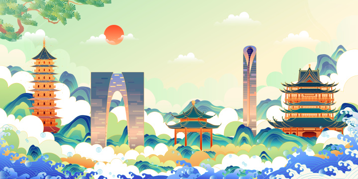 江苏省苏州市城市建筑矢量插画