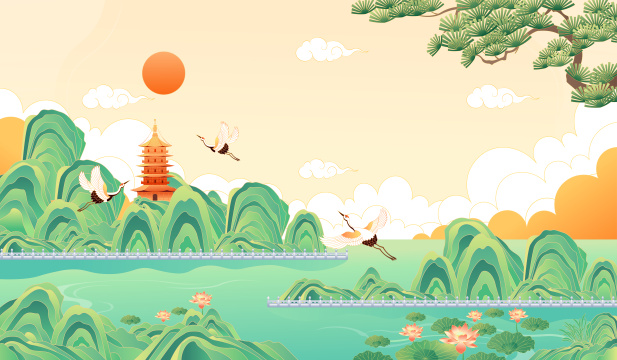 国潮风山水风景矢量插画