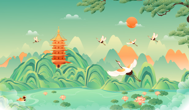 杭州西湖美丽的风景矢量插画