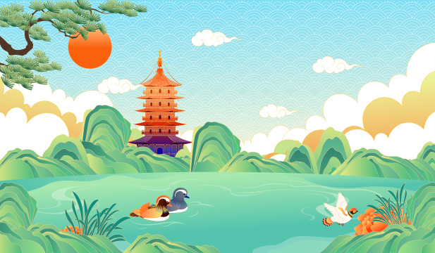 杭州西湖雷峰塔古建筑矢量插画