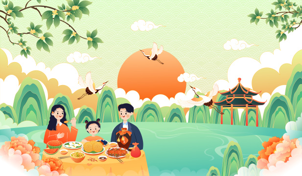 中秋团圆吃饭的一家三口矢量插画