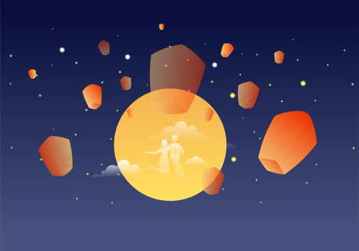 中秋节放孔明灯矢量插画