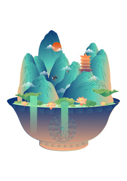 在碗里的中国风山水矢量插画