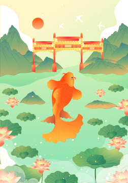 鲤鱼跃龙门矢量插画