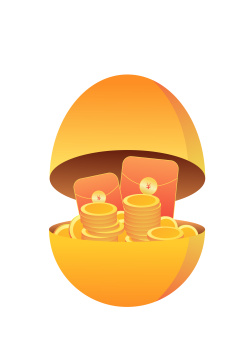 金蛋里装着金币和红包的矢量插画