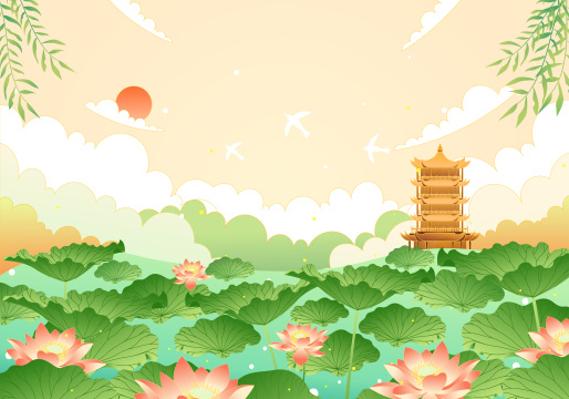 美丽的荷塘风景矢量插画