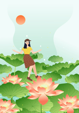 清凉夏天美丽的荷花矢量插画