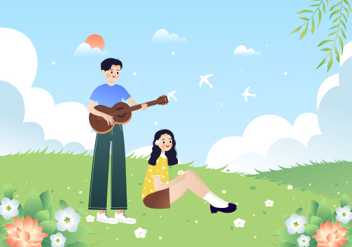 和女朋友在户外约会的男生矢量插画