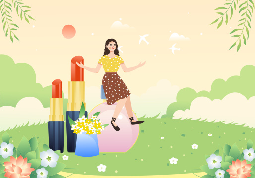 化妆品和美丽的女孩户外风景矢量插画