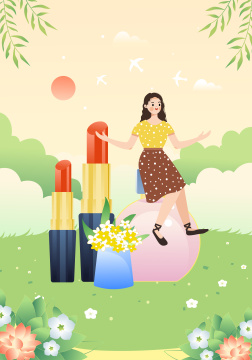 化妆品和美丽的女孩户外风景矢量插画