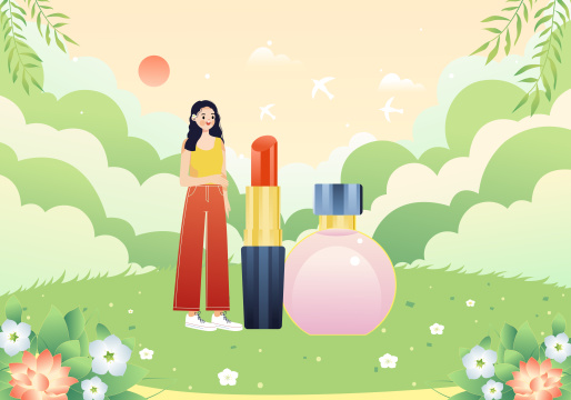 化妆品和美丽的女孩户外风景矢量插画