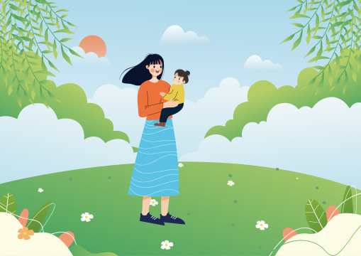 年轻妈妈抱着女儿在公园里散步矢量插画