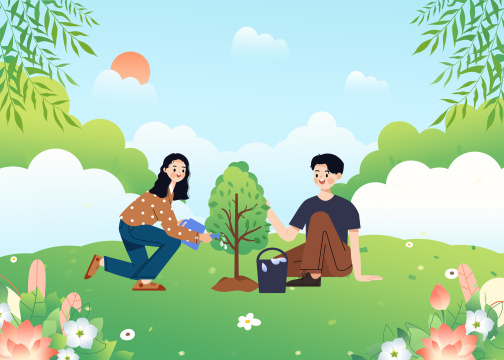 植树节保护环境浇水种树的两个人