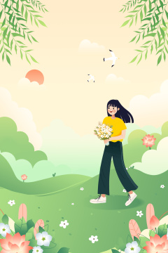 在美丽的户外风景旅行的女孩卡通插画