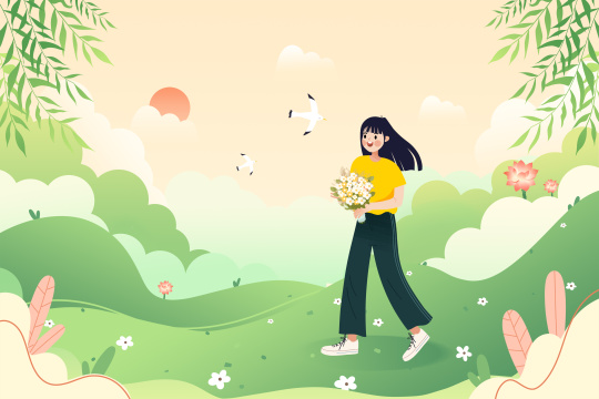 在美丽的户外风景旅行的女孩卡通插画