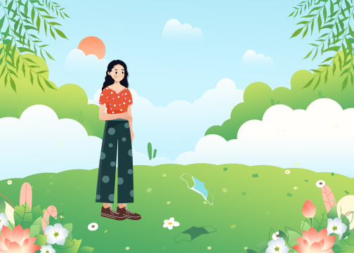 摘下口罩在户外看风景的女孩