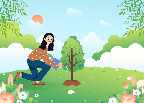 植树节保护环境浇水种树的女生