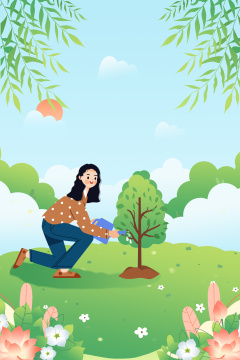 植树节保护环境浇水种树的女生