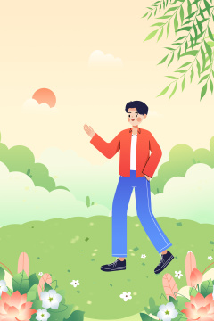 在美丽的户外风景旅行的男生卡通插画