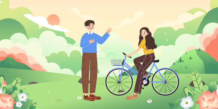 在美丽的户外风景约会的男女青年卡通插画