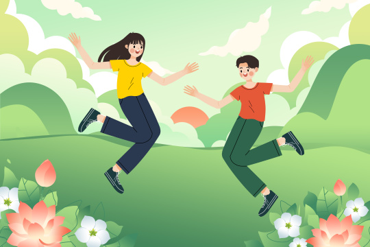 在美丽的户外风景开心跳跃的青年男女