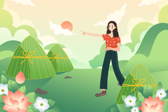 端午节在美丽的户外旅行的女孩卡通插画