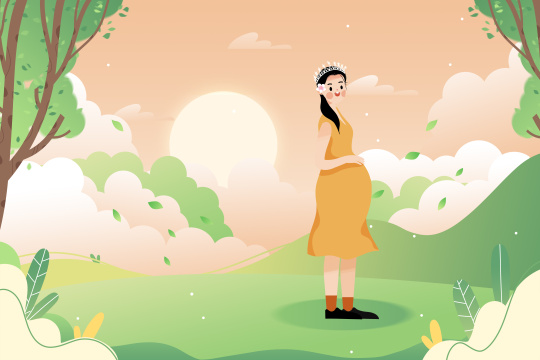 怀着宝宝在公园散步的美丽女人卡通插画