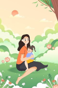 坐在草坪上抱着女儿的妈妈卡通插画