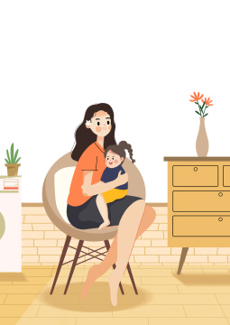 坐在椅子上抱着女儿的妈妈卡通插画