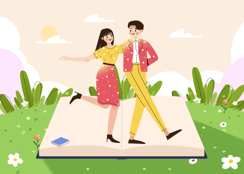 在书的海洋开心欢乐跳探戈舞的一对幸福情侣