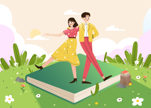 在书的海洋开心欢乐跳探戈舞的一对幸福情侣