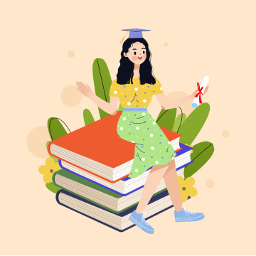 坐在书上的女孩卡通插画
