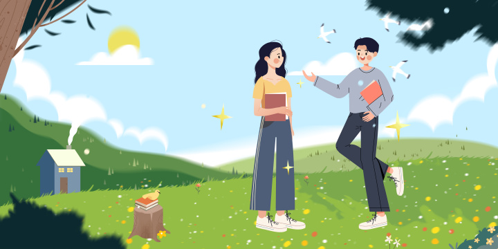 在户外学习讨论的两个同学