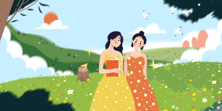 在户外活动郊游踏青的两个可爱女孩