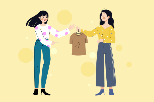 在商场挑选衣服的女孩卡通插画