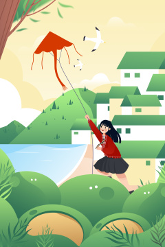 清明节在户外放风筝的女孩