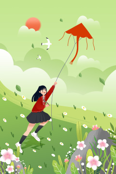 在户外放风筝的女孩