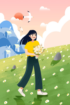 手里拿着捧花在户外郊游的女孩