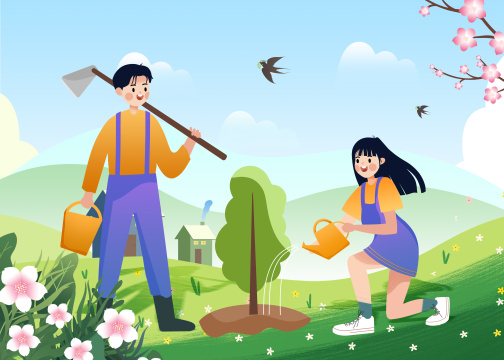 正在植树的青年男女