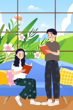 初春时节坐在窗前读书的青年男女