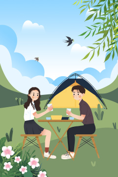 初春季节在户外看风景青年男女