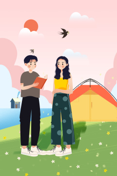 初春季节在户外看风景青年男女