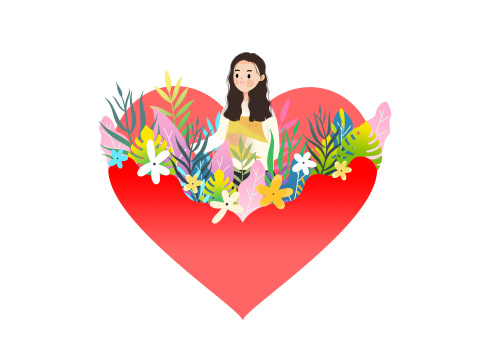 爱心与少女卡通插画