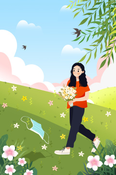 摘下口摘在户外郊游旅行的女孩