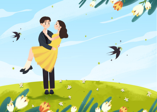 雨水节气在户外郊游旅行的青年卡通插画