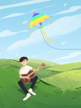 春分节气在草坪弹吉他的男生